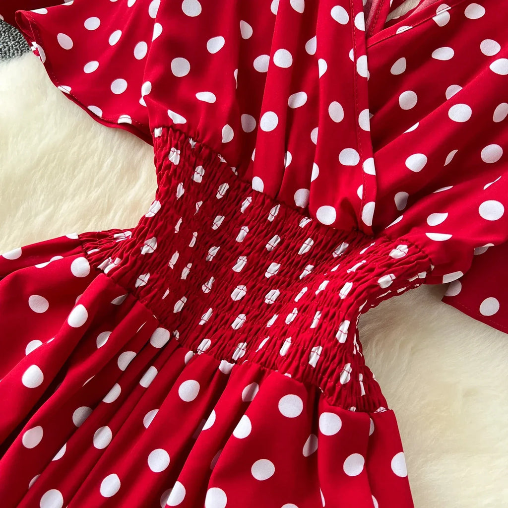 Elegant Polka Dot Romper for Women V-Neck Short Sleeve High Waist Wide Leg Jumpsuit Loose Fit Summer Playsuit