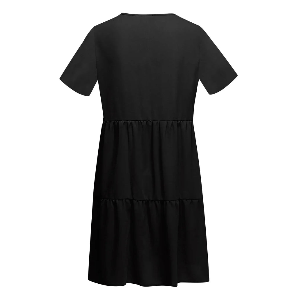 Womens V Neck Short Sleeve Loose Fit Dress Solid Color