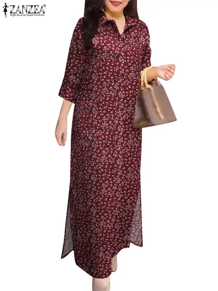 Autumn Floral Cotton Long Shirt Dress For Women With Lapel