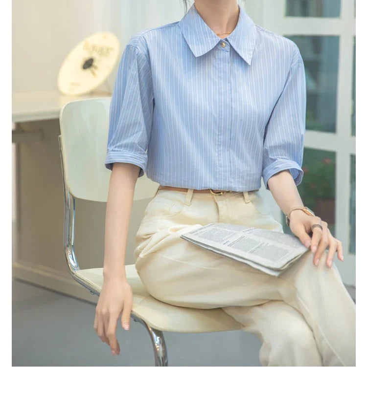 Women Casual Blue Stripe Short Sleeve Polo Collar Shirt Elegant Loose Office Blouse Single Breasted Summer Chic Top
