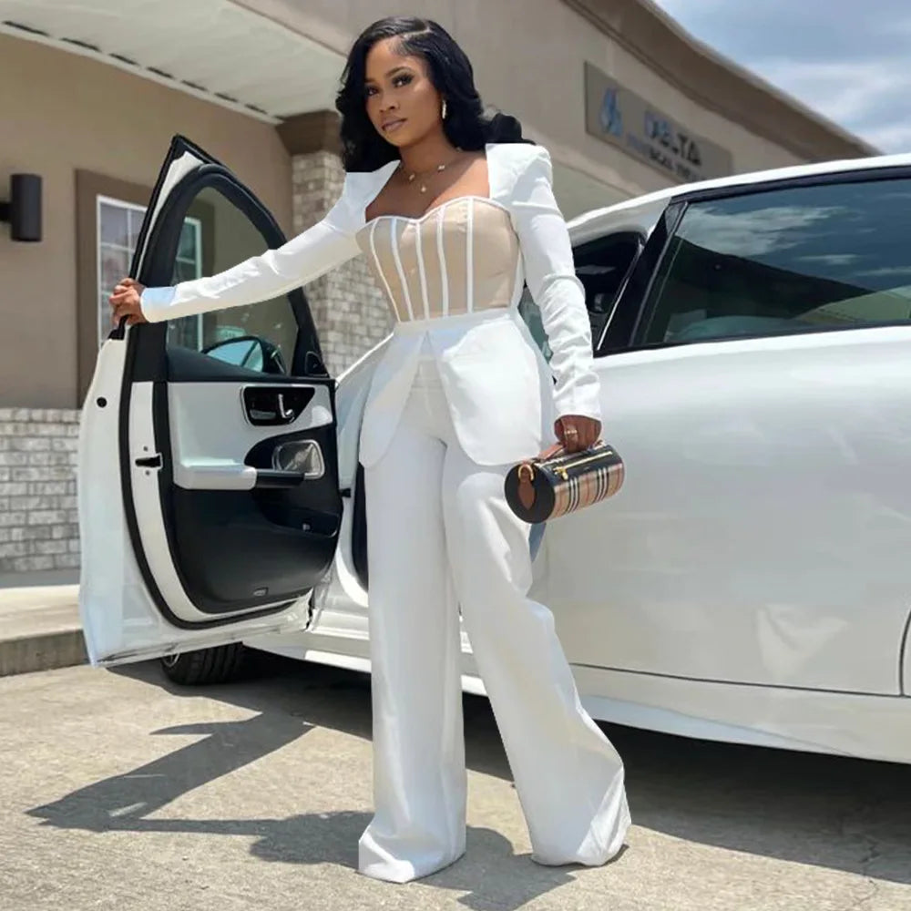 Women Long Sleeve Patchwork Romper Jumpsuit with Waist Cincher Wide-Leg Pants Elegant Office and Party Playsuit