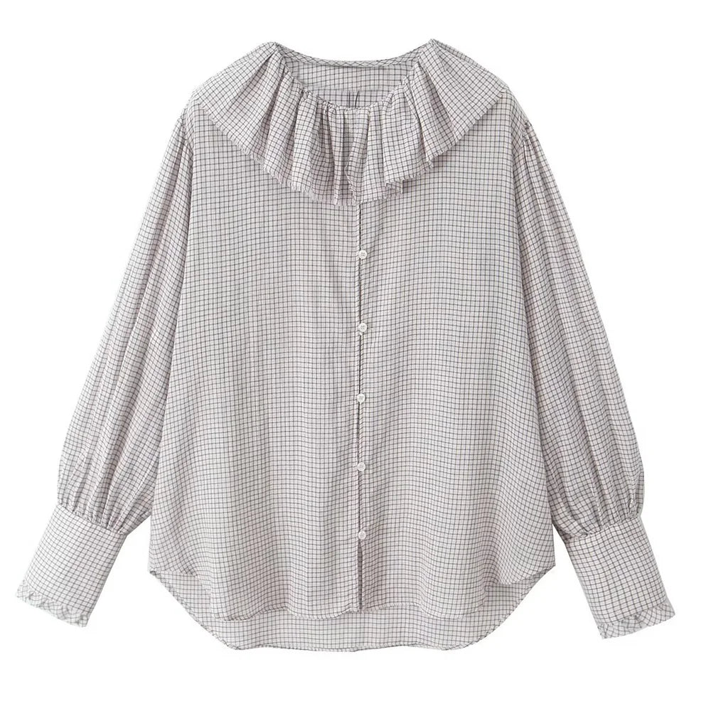 Casual Women's Long Sleeve Loose Fit Layered Small Grid Decorative Shirt for Autumn Versatile Everyday Wear