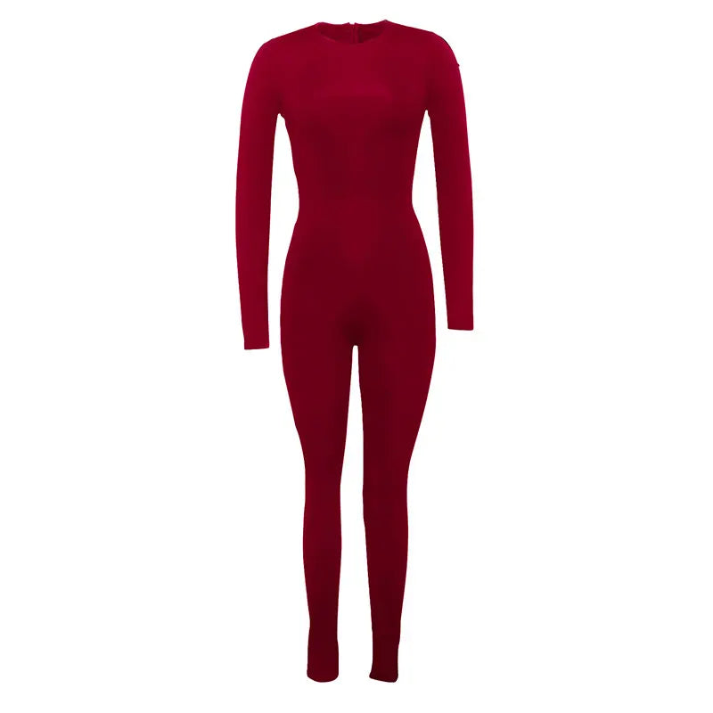 Autumn Red Long Sleeve Jumpsuit For Women Slim Fit O-Neck Bodycon Casual Sporty Streetwear Romper