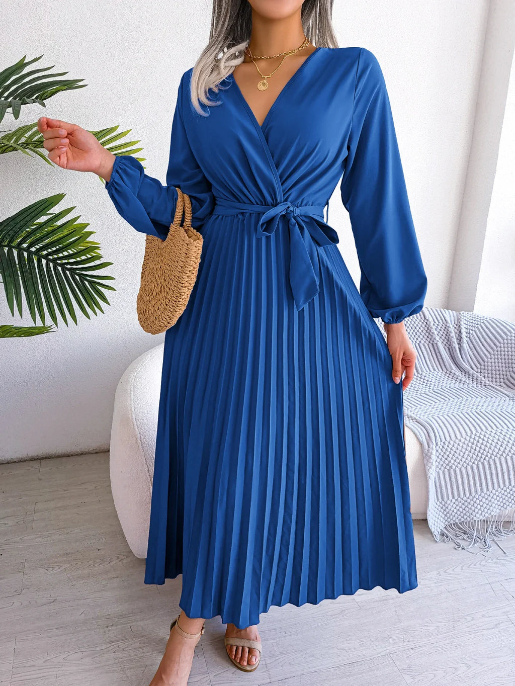 Elegant Surplice Neck Pleated Maxi Dress With Belt Flair