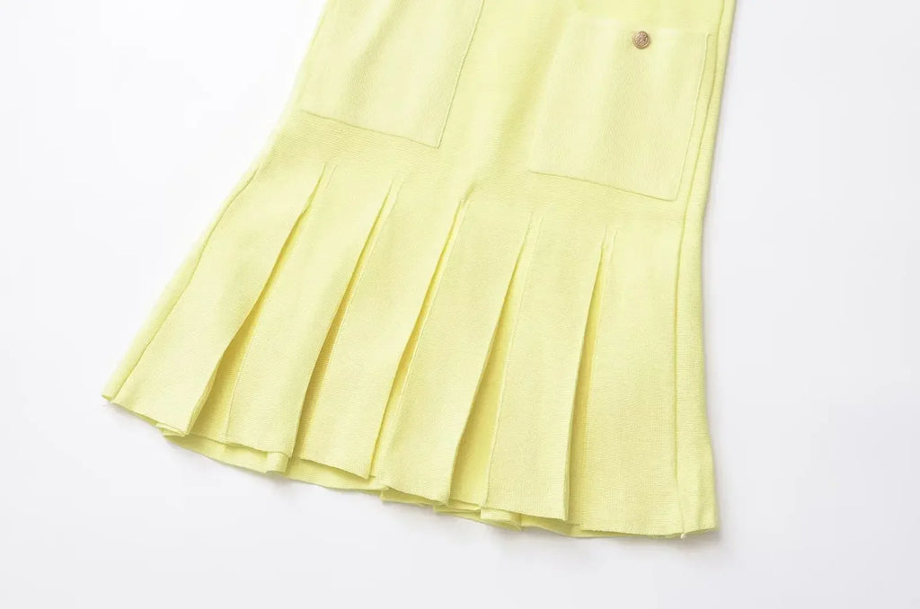 Yellow Knit Pleated Hem Mini Dress With Front Pockets