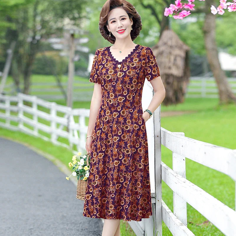 Bohemian Summer Dress With V Neck Print Vintage Midi