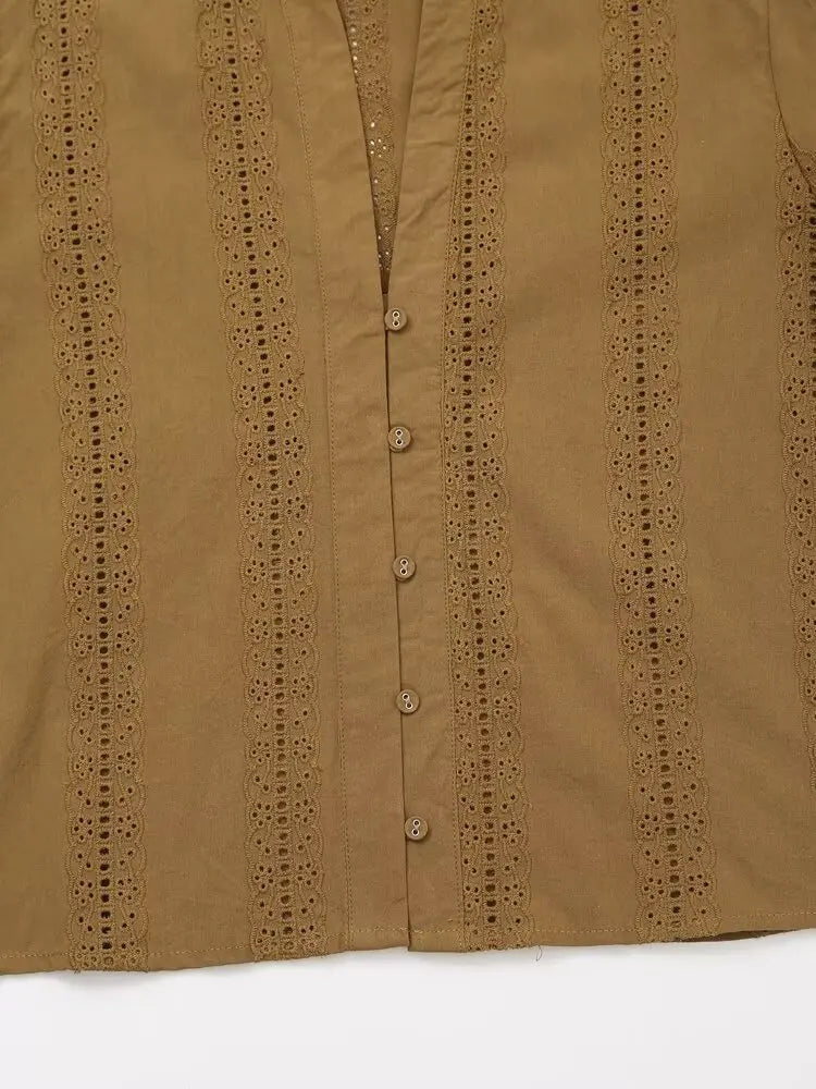 Womens Retro Casual Cotton Shirt Long Sleeve Embroidered Hollow Round Neck Lapel Top for Autumn