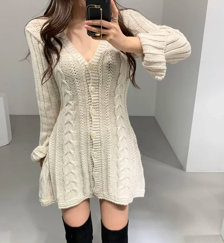 Cable Knit Sweater Dress For Women Long Sleeve Button Down