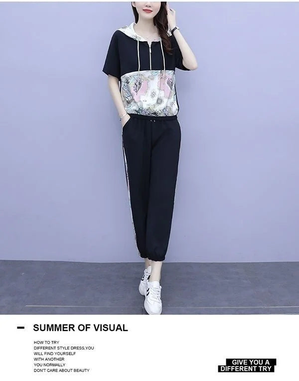 Women's Casual Two Piece Set with Hooded T-Shirt and Contrast Printed Pants for Spring and Summer Fashion