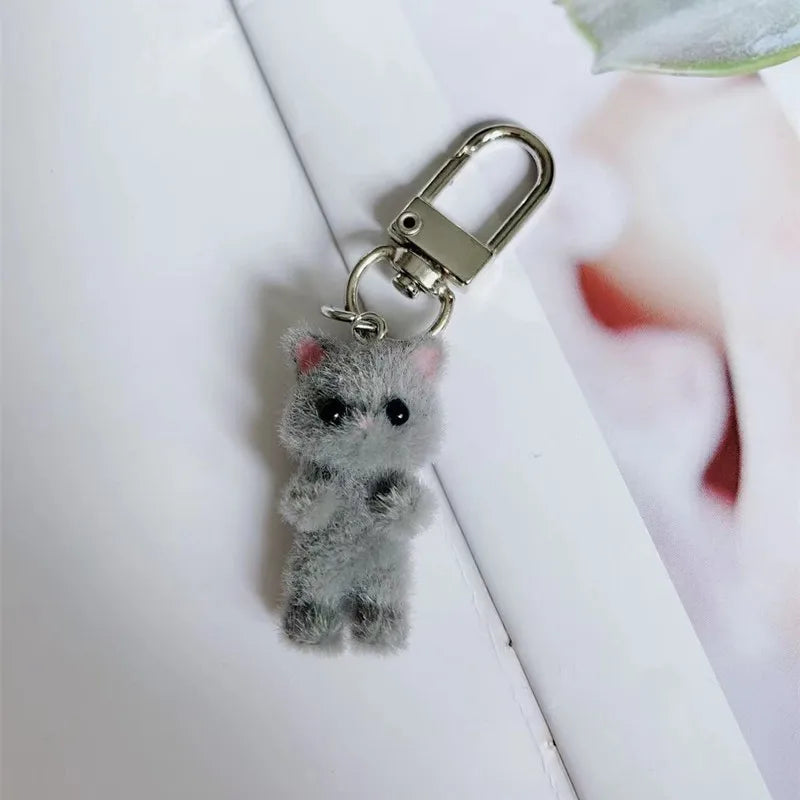 Cute Flocking Cat Keychain 3D Love Pendant Headphone Charm Bag Decor Jewelry Gift