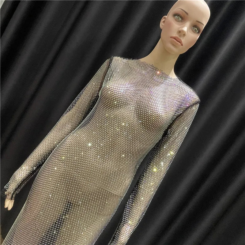 Rhinestone See Through Club Dress With Fishnet Details