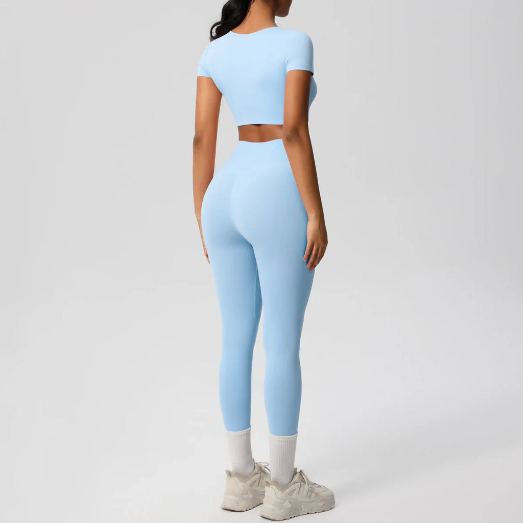 Yoga Set for Women Fitness Sportswear with Short Sleeve Top and High Waist Leggings