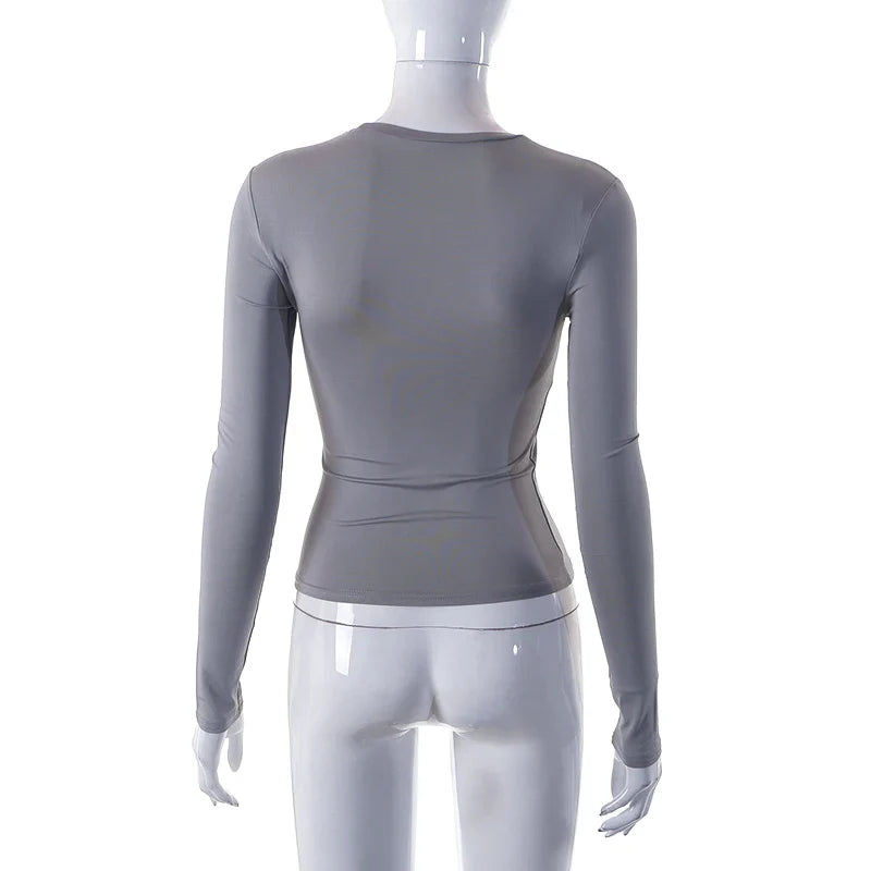 Women's Slim Fit Long Sleeve Solid Color T-Shirt for Spring and Autumn Casual Street Wear