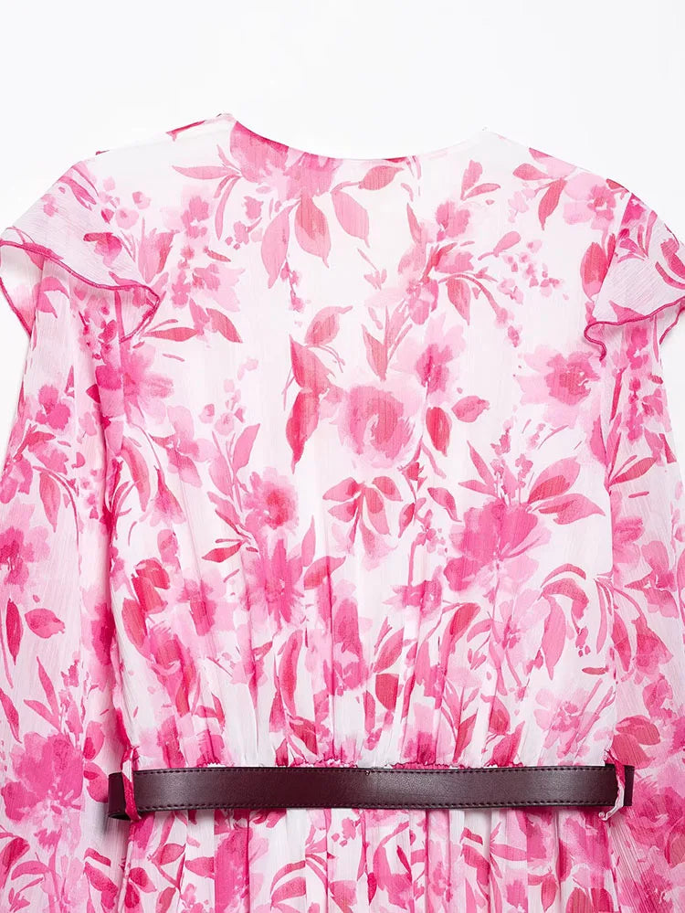 Printed Midi Dress With Belt for Women V Neck Chic