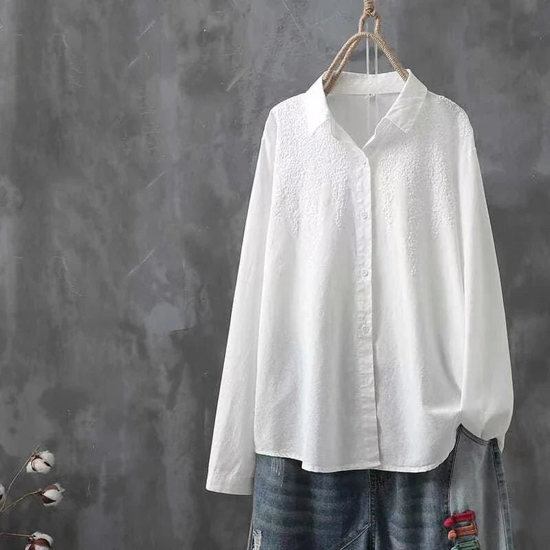 Cotton White Embroidered Long Sleeve Women's Shirt with Lapel Collar and Button Detail Casual Fashion Blouse for Everyday Wear