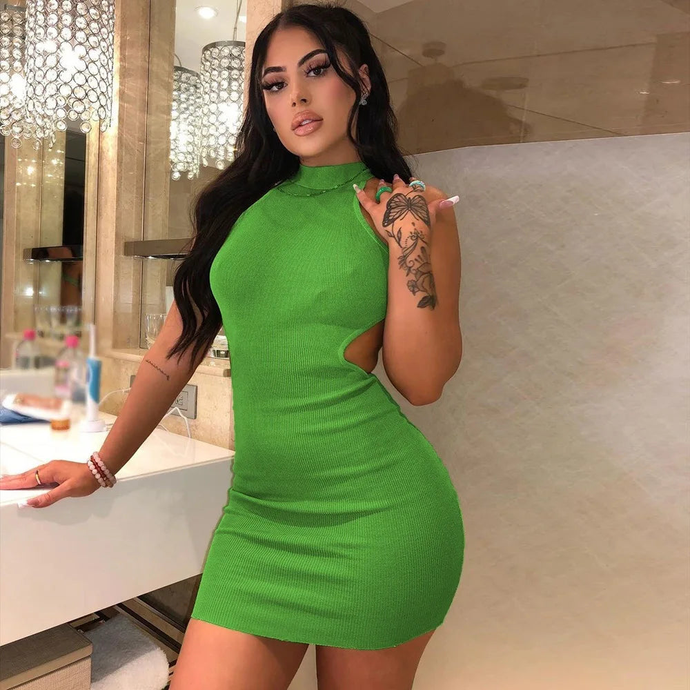 High Neck Hollow Cutout Dress With Back and Bust Details