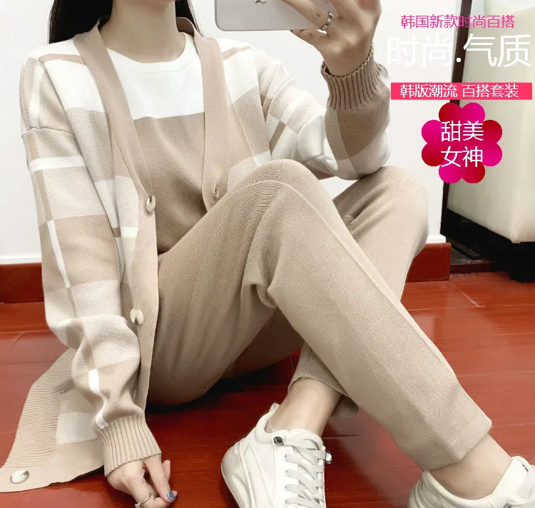 Autumn Winter Women's Plaid Knit Tracksuit Set with Cardigan Sweater Coat, Short Sleeved Top, and Solid Harem Pants