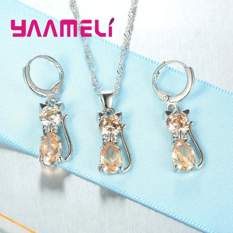 925 Sterling Silver Cat Pendant Necklace and Huggie Earring Jewelry Set with Shining Austrian Crystal for Women and Girls