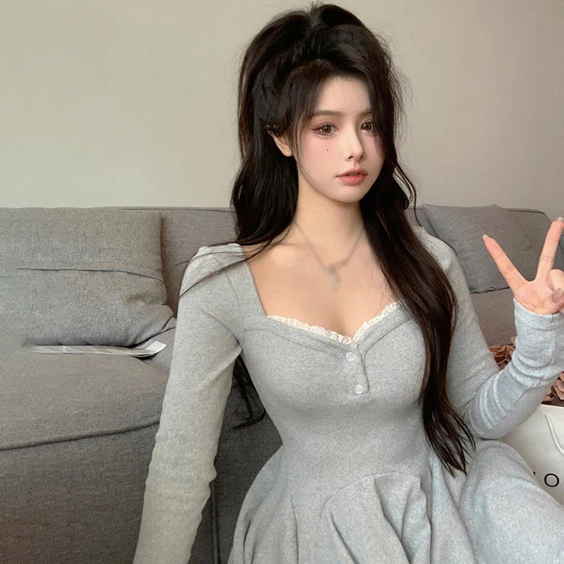 French Style Lace Dress for Women Long Sleeve Waist Dress