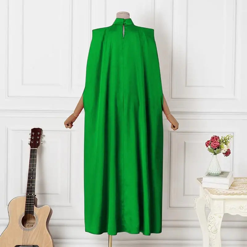 Satin Pleated Evening Dress With Stand Collar Long Sleeve