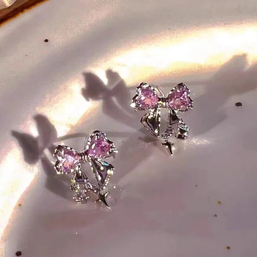 Y2K Bowknot Zircon Stud Earrings for Women with Pink Crystals in Silver Color Fashion Jewelry