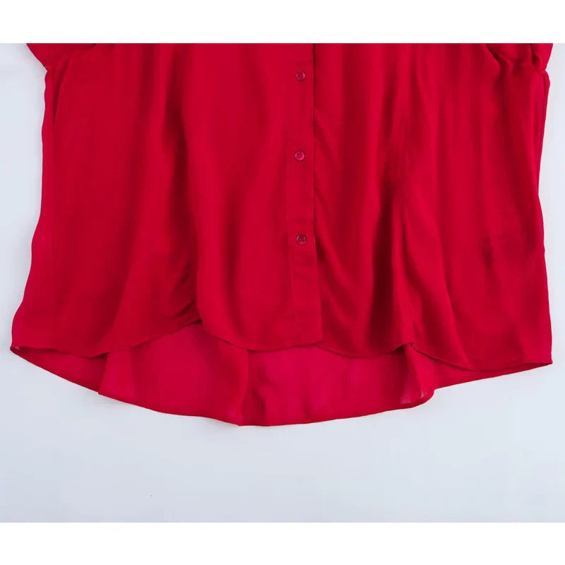 Red Bow Pleated Semi Sheer Womens Blouse Chic Button Up Shirt Elegant Spring Top for Women