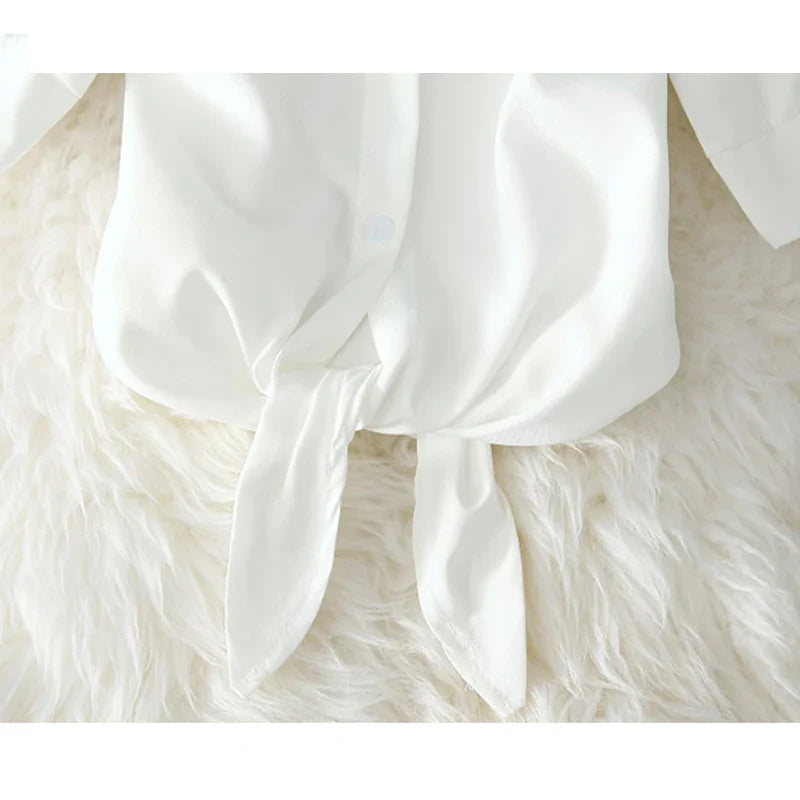 Women's White Button-Up Shirt with Tied Waist Elegant Solid Blouse Tunic Top Summer Casual Office Wear
