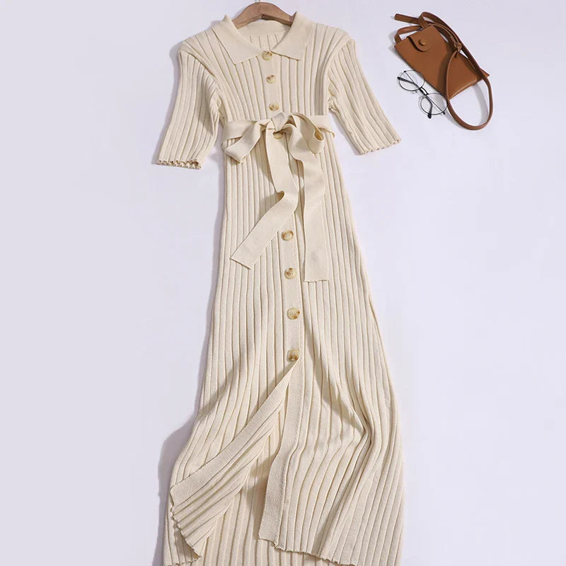 Knitted Cardigan Dress For Women Button Up Short Sleeve