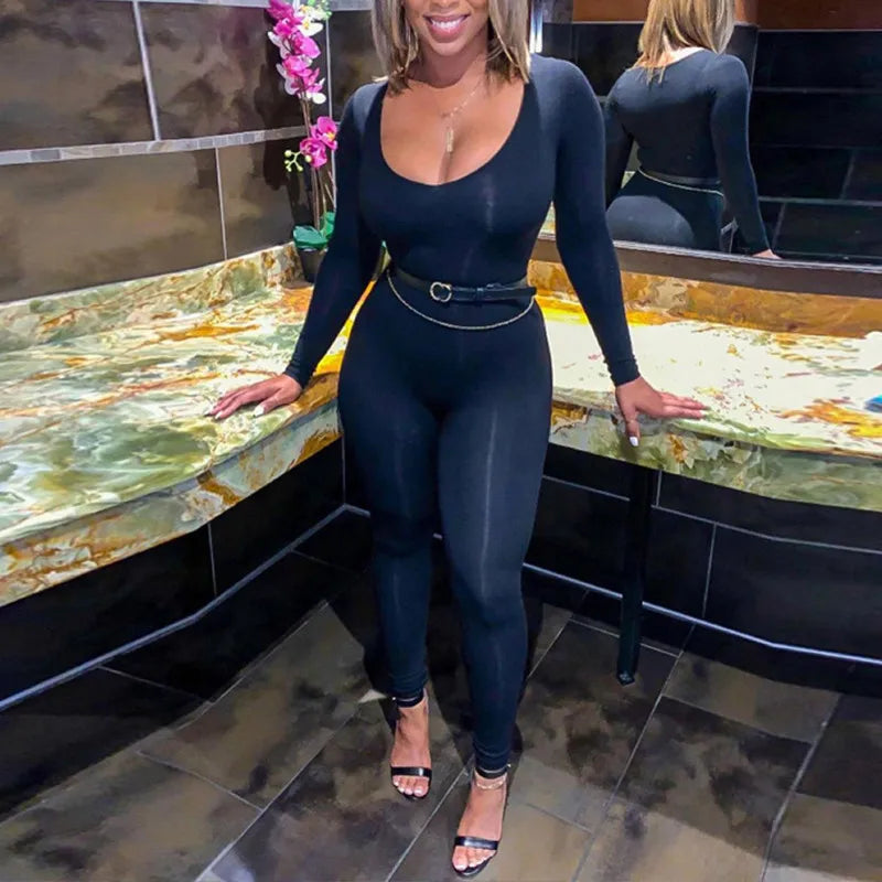 Women's Black Long Sleeve Bodycon Jumpsuit Slim Fit Sexy Solid Romper Casual Sporty Skinny Streetwear for Autumn Winter