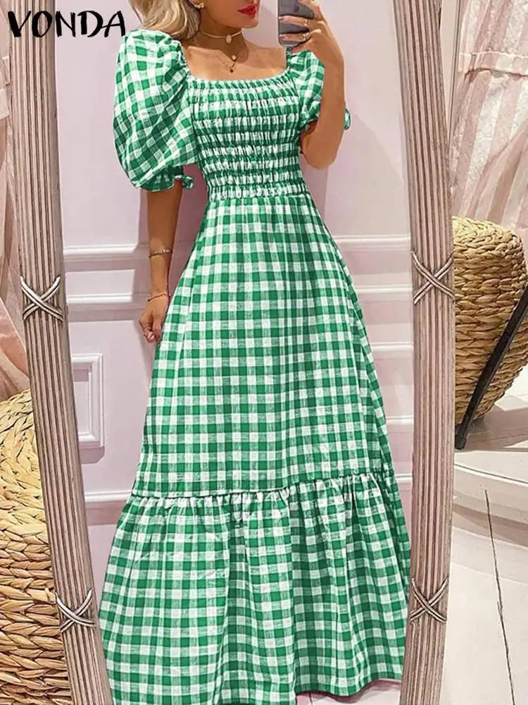Boho Plaid Maxi Dress With Short Puff Sleeve For Summer