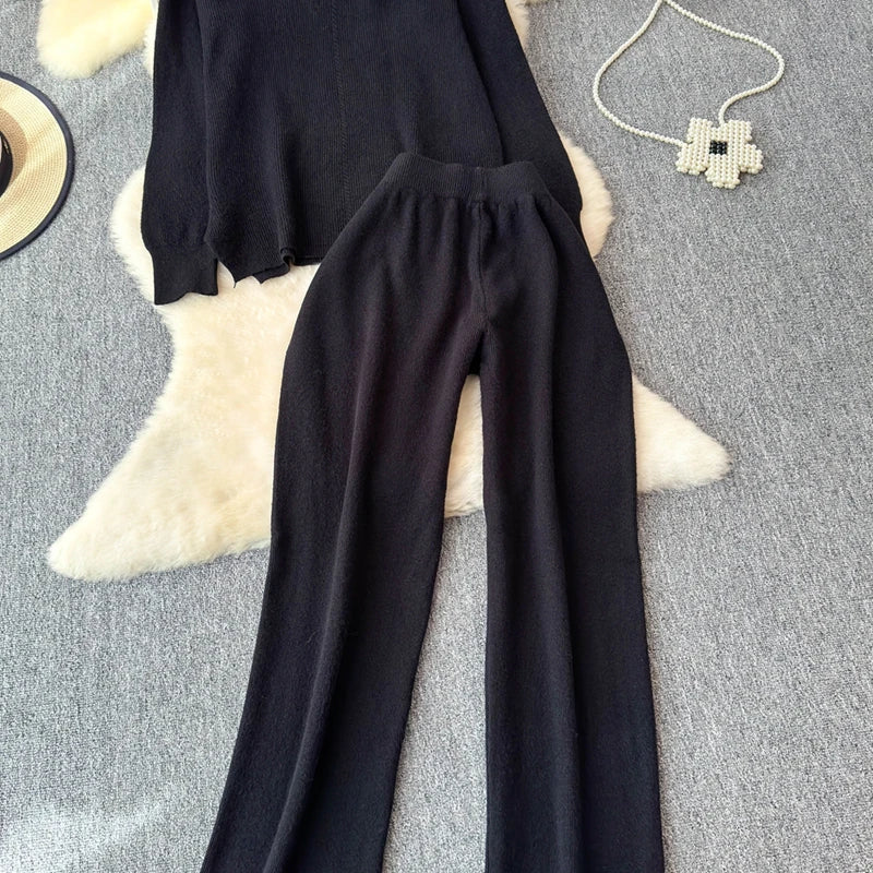 Knitted V-Neck Sweater and Straight Jogging Pants Women's Tracksuit Set