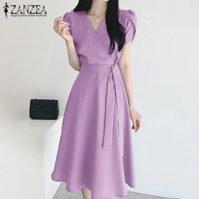 V Neck Midi Dress For Women Solid Cap Sleeve A Line