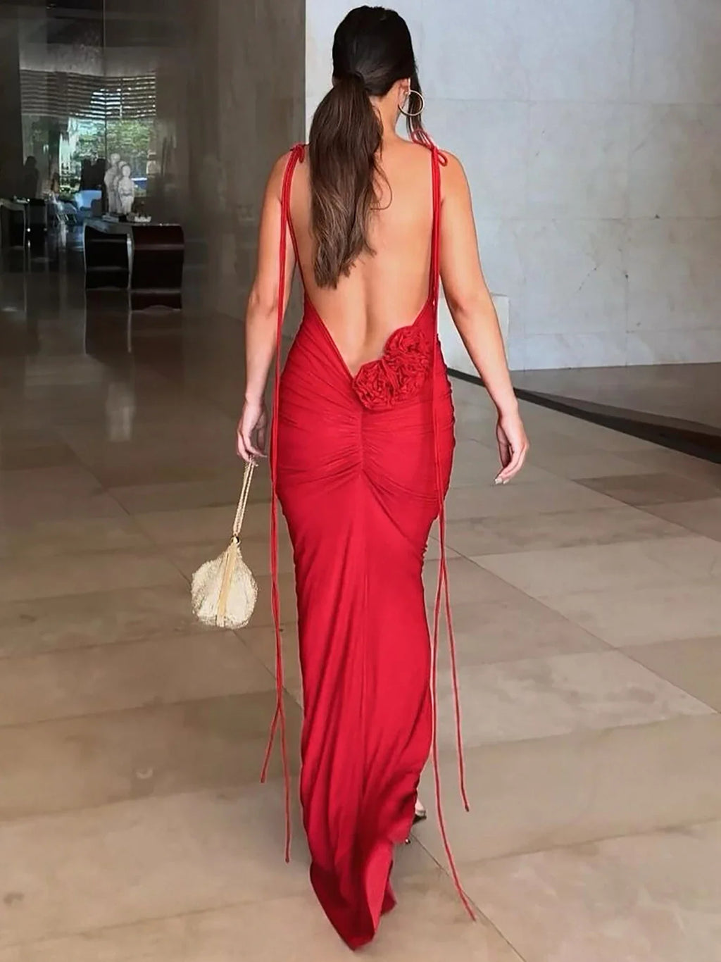 Backless Maxi Dress With Lace Up Spaghetti Straps Evening