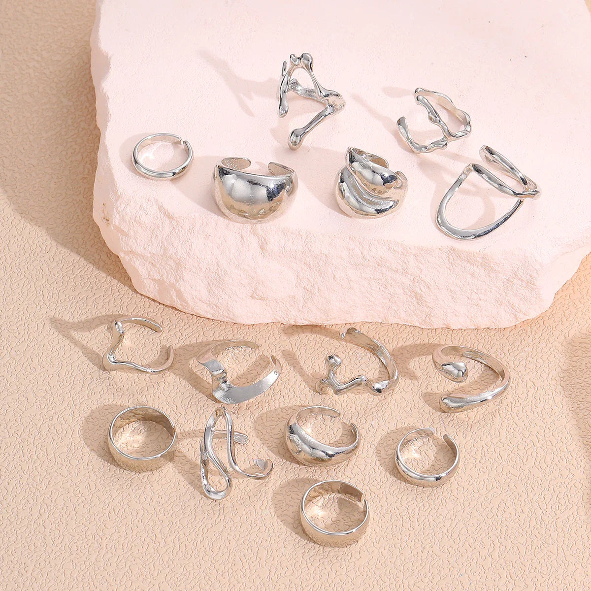 15Pcs Geometric Open Rings Set for Women Chunky Silver Hip Hop Jewelry