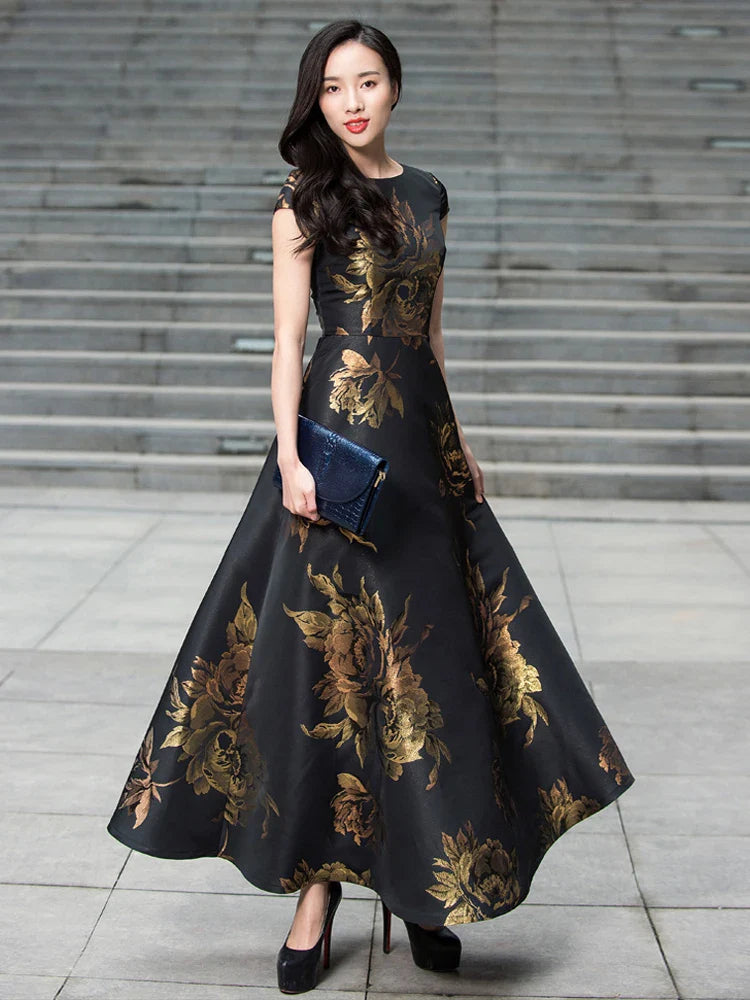 Women Floral Jacquard Maxi Dress Casual Elegant Summer