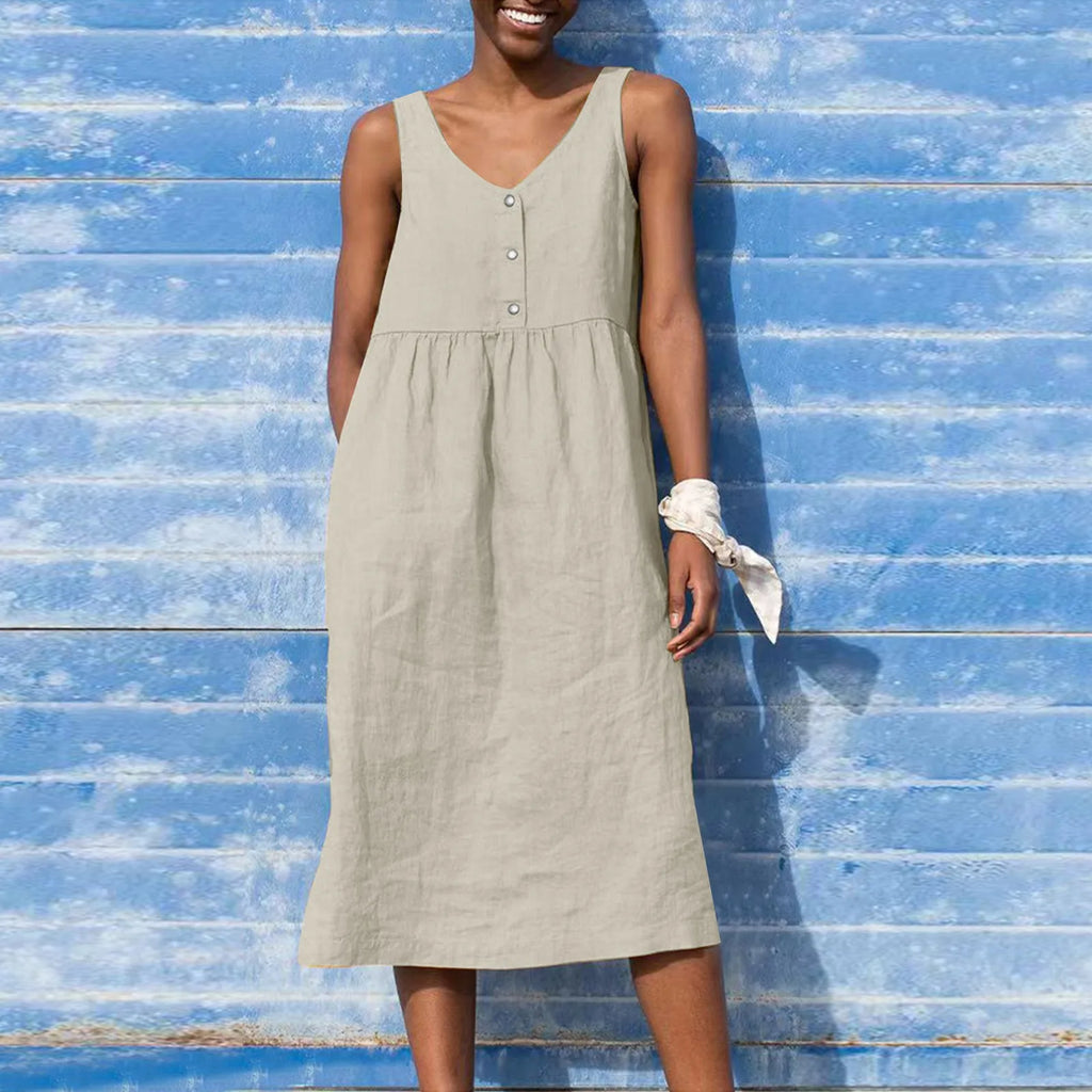 Boho Cotton Linen Sleeveless Dress For Women Summer Holiday