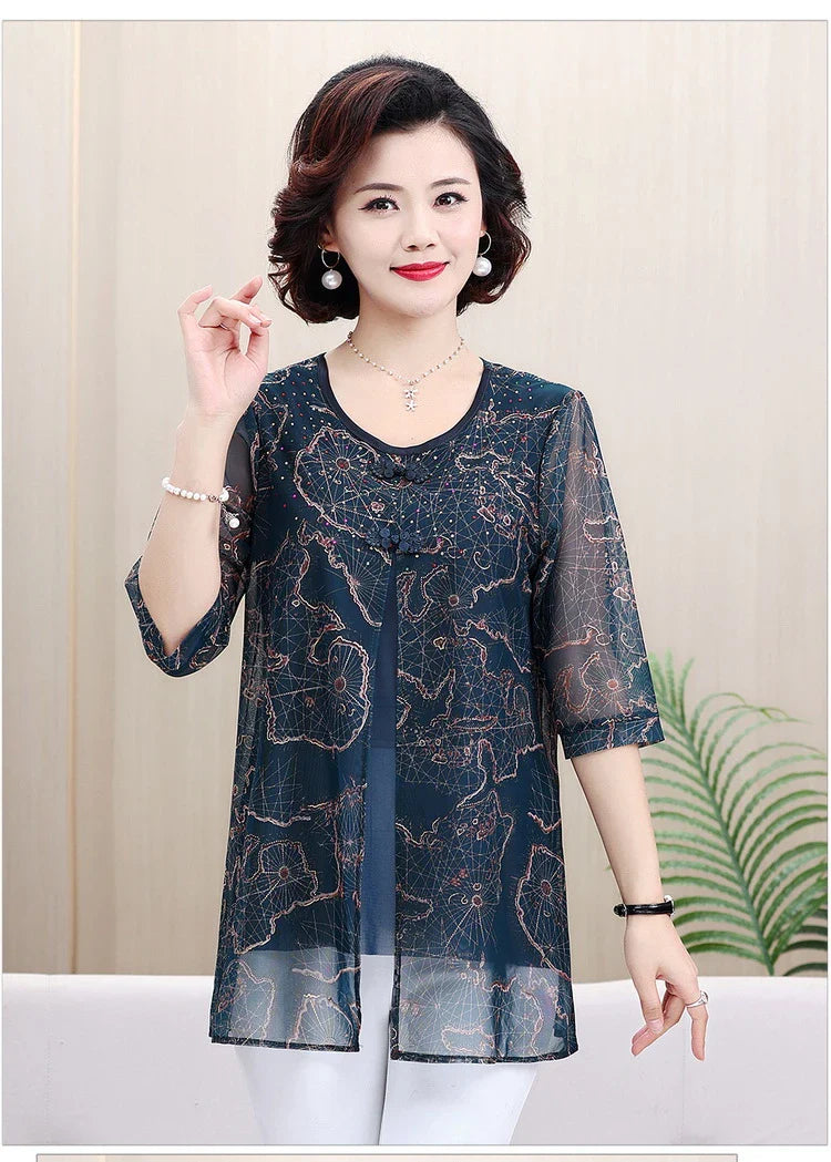 Women's Summer Shirt Casual Loose Fit Fake Two-Piece Printed Top for Middle-Aged and Elderly