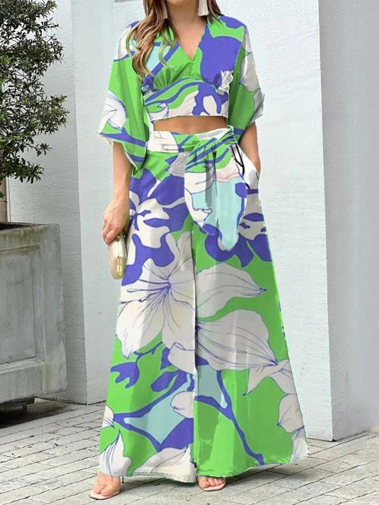 Casual Women's Two Piece Set Featuring V Neck Crop Top and High Waist Wide Leg Pants with Trendy Print for Stylish Autumn Outfits