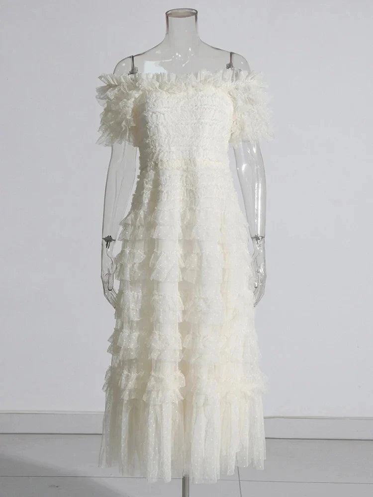 Patchwork Mesh Dress For Women High Waist Ruffled Casual