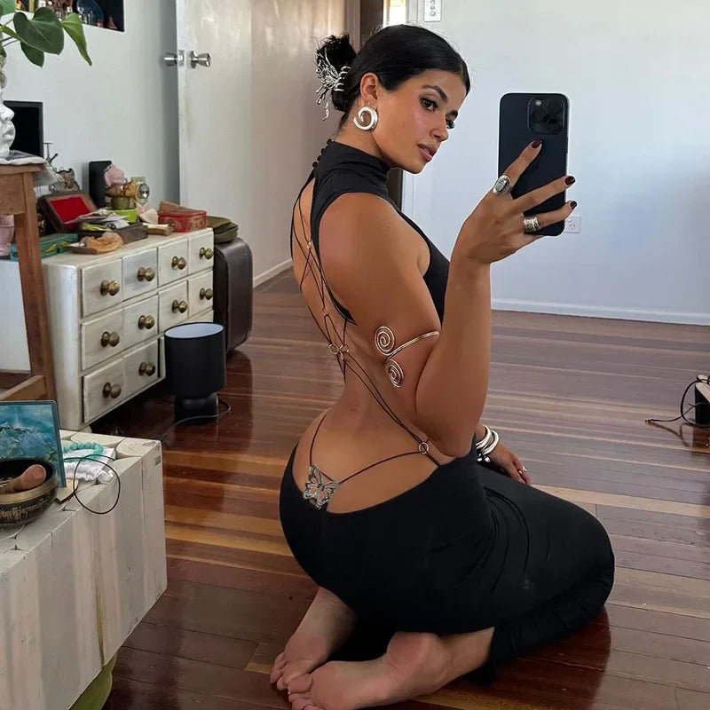 Backless Butterfly Bodycon Maxi Dress for Party Evening