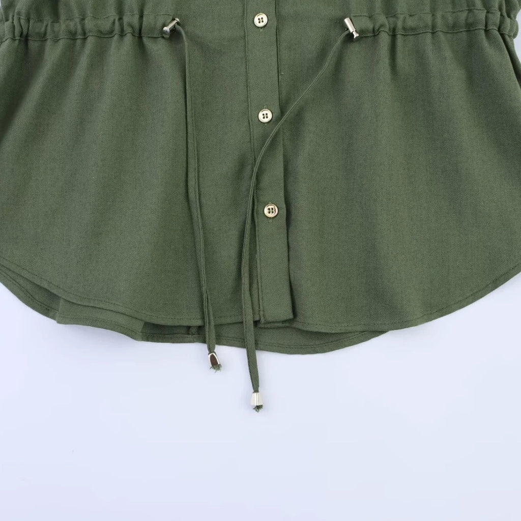 Women's Blended Lace-Up Lapel Shirt Short-Sleeve Single-Breasted Waist Pocket Casual Chic Top for Spring and Summer