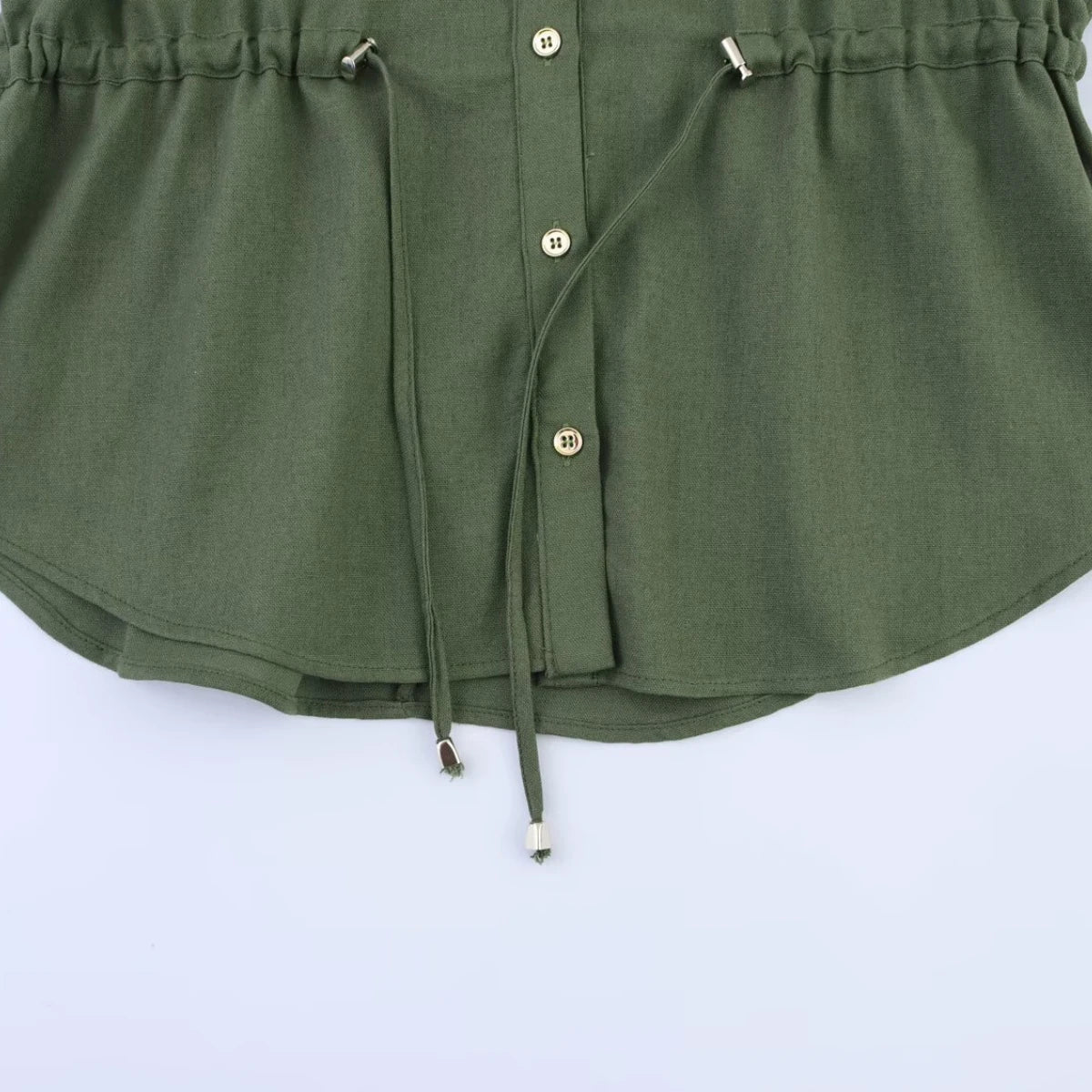 Women's Blended Lace-Up Lapel Shirt Short-Sleeve Single-Breasted Waist Pocket Casual Chic Top for Spring and Summer