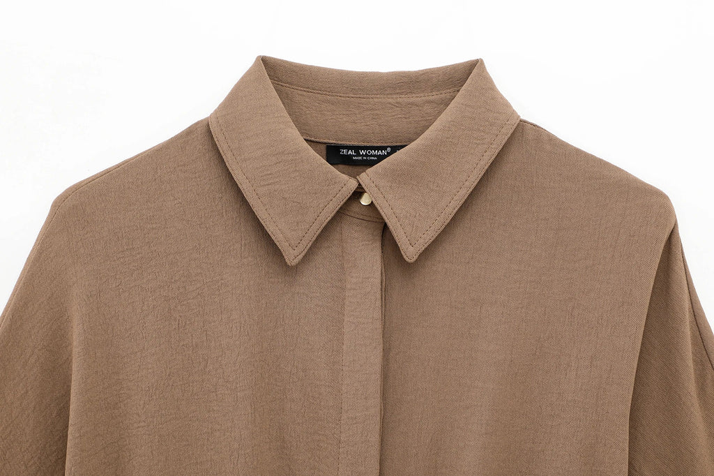 Women Casual Brown Lace-Up Waist Shirt and High Waist Wide Leg Pants Set for Spring Fashion