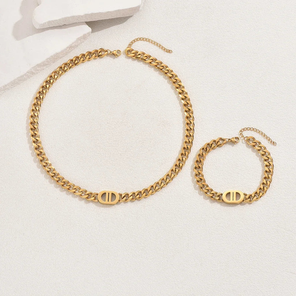 Gold Color Cuban Chain Necklace and Bracelet Set for Women with Geometric Charms