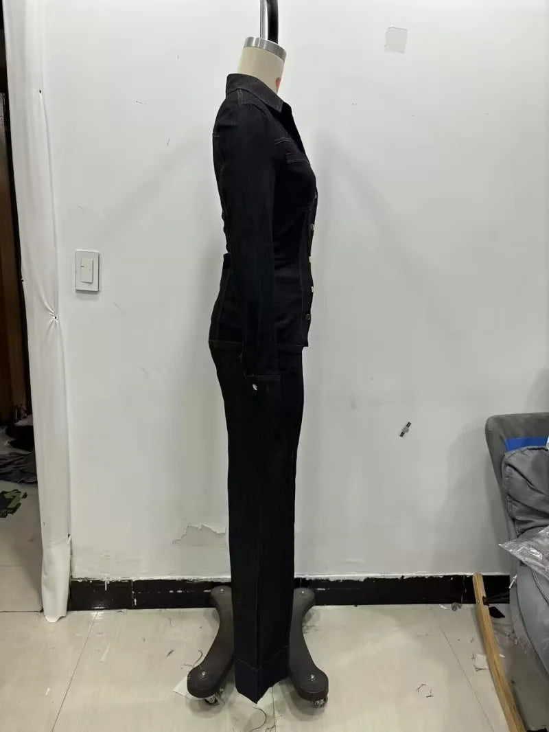 Women's Slim-Fit Denim Shirt with Stretch Waist and Flare Trousers for Comfortable Spring Style