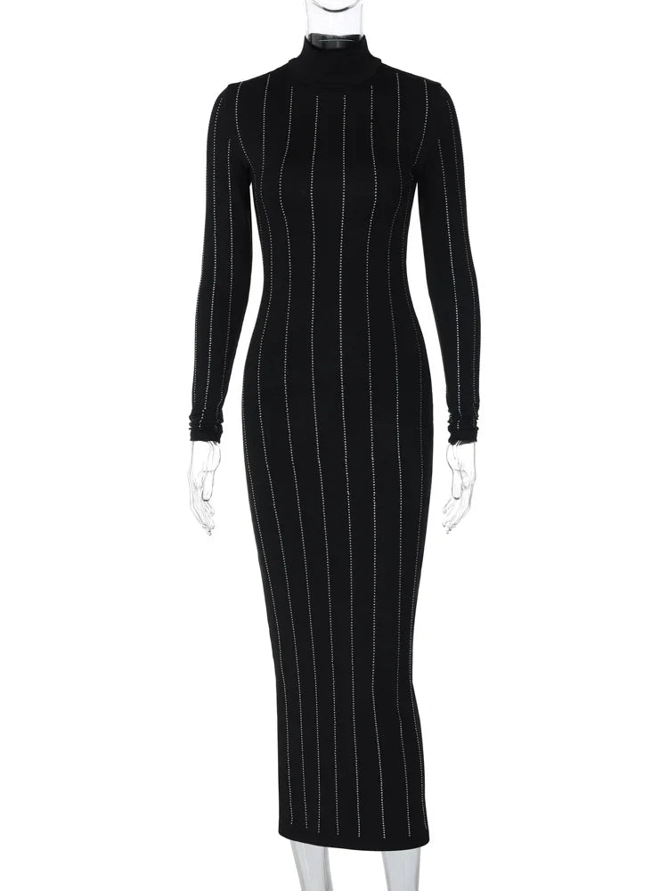 Sequined Bodycon Black Midi Dress Turtleneck Long Sleeve