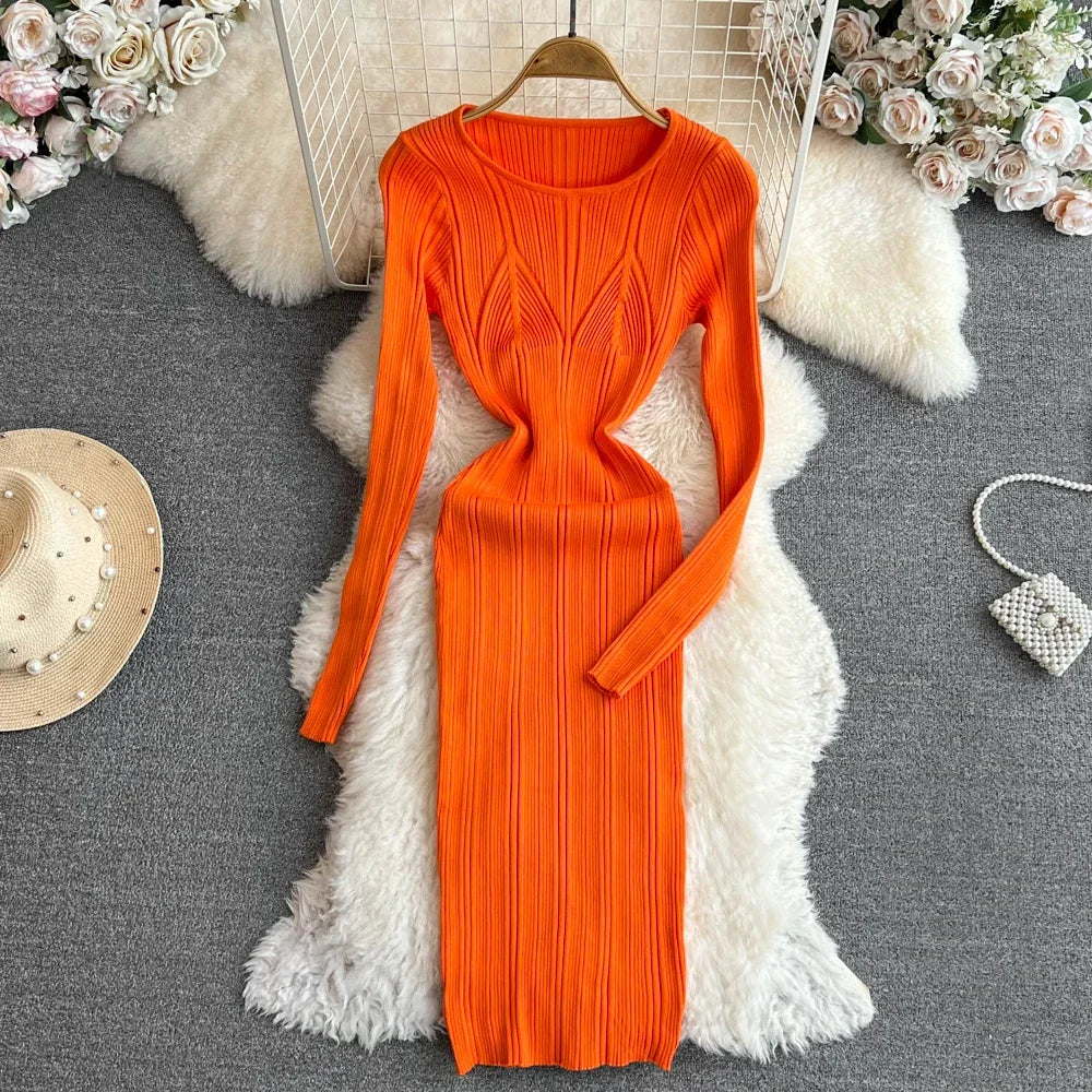 Long Sleeve Knitted Bodycon Dress For Women Autumn Retro