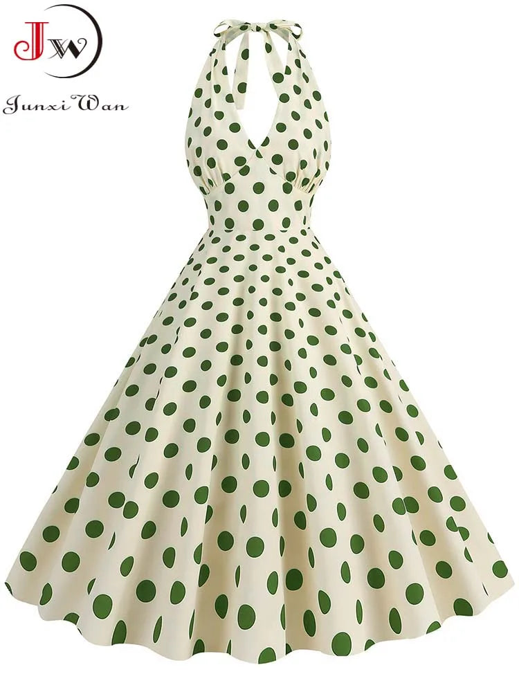 Vintage Polka Dot Halter Dress With Deep V Neck For Summer