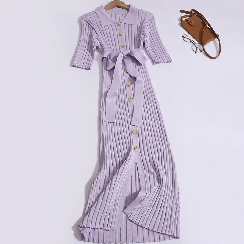 Knitted Cardigan Dress For Women Button Up Short Sleeve