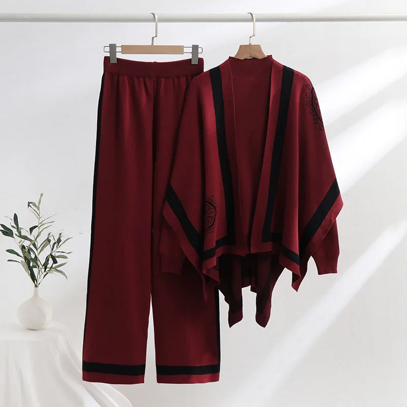 Elegant Floral Knit Three-Piece Suit with Autumn Winter Top, Wide Leg Pants, and Shawl Set for Women